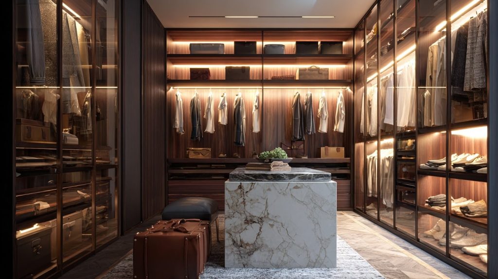 6 Best Creative Wardrobe Designs in Dubai 21 Walk-in wardrobe with glass doors and modern lighting for stylish storage