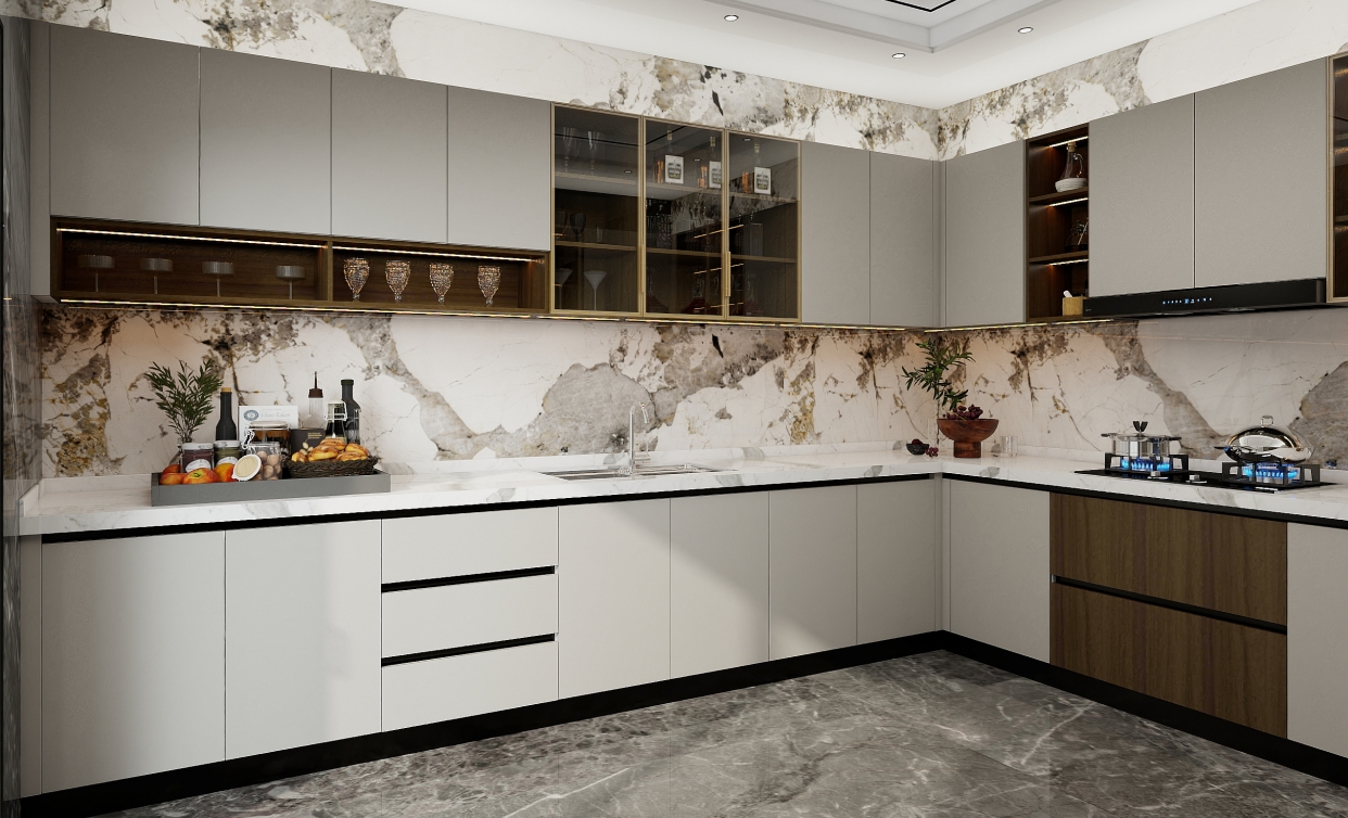 kitchen cabinet 3 Custom kitchen cabinet design with matte gray and white flat-panel cabinets, marble backsplash, glass display units, wood-tone base cabinets, and integrated lighting in a luxury modern kitchen.
