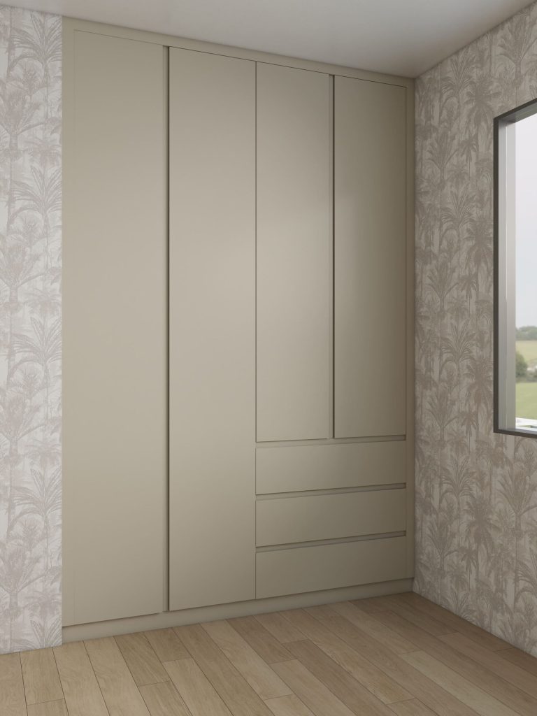 Modern Beige Hinged Door Wardrobe with Drawers in a Minimalist Bedroom Layout