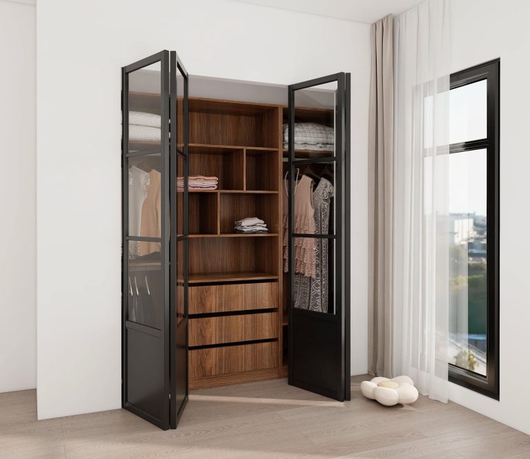 A modern glass wardrobe with a black frame and wooden shelving, designed for an elegant, open-concept closet with ample storage.