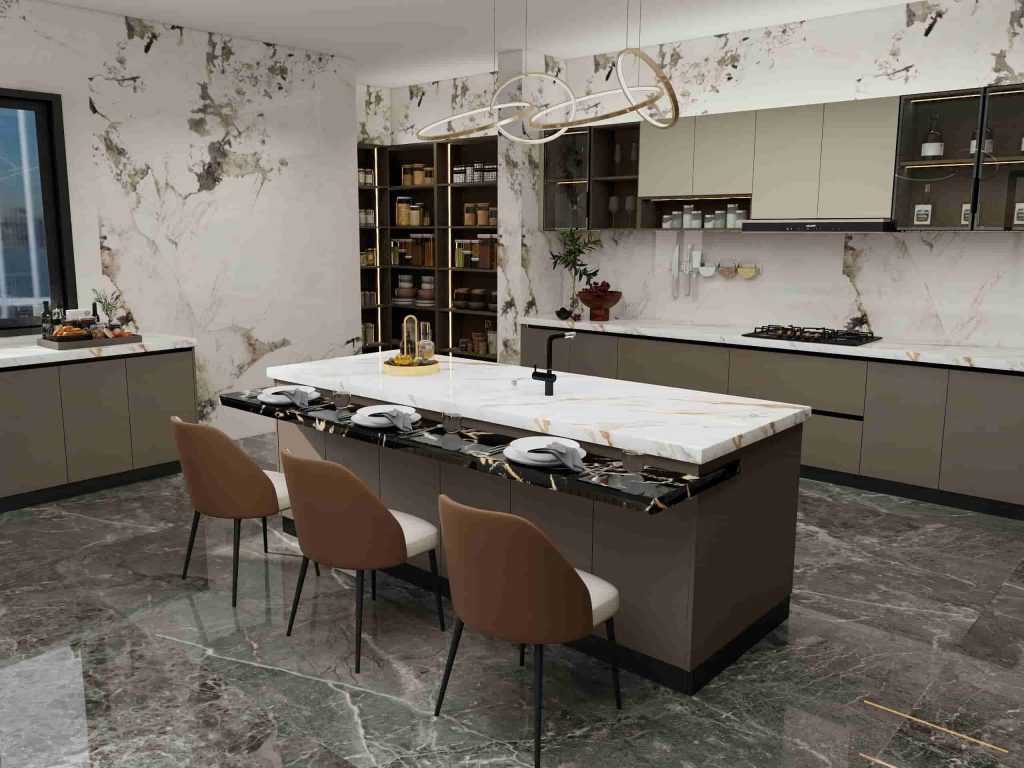 High-end luxury customized cabinets VS mass-market customized cabinets: What are the differences between them ? 112 Elegant melamine kitchen cabinets with a large central island and marble countertop, showcasing refined beige panels and open shelving that highlight minimalist modern design.