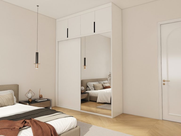 White mirror sliding door Wardrobe with minimalist design reflects a cozy bedroom interior