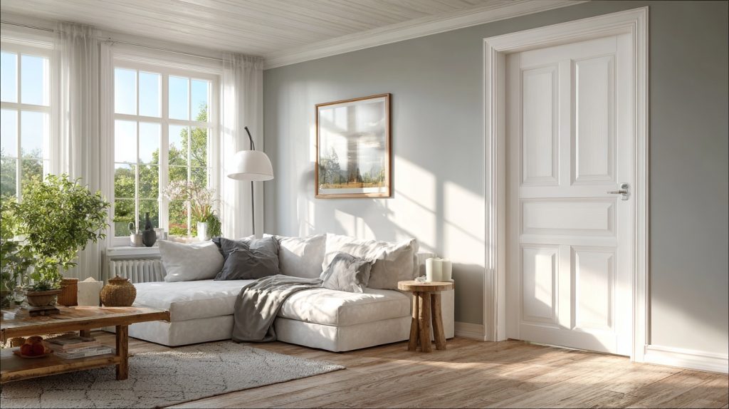 Discover the Best 10 White Wooden Internal Doors Ideas 14 white wooden internal door in a Scandinavian style living room with natural light