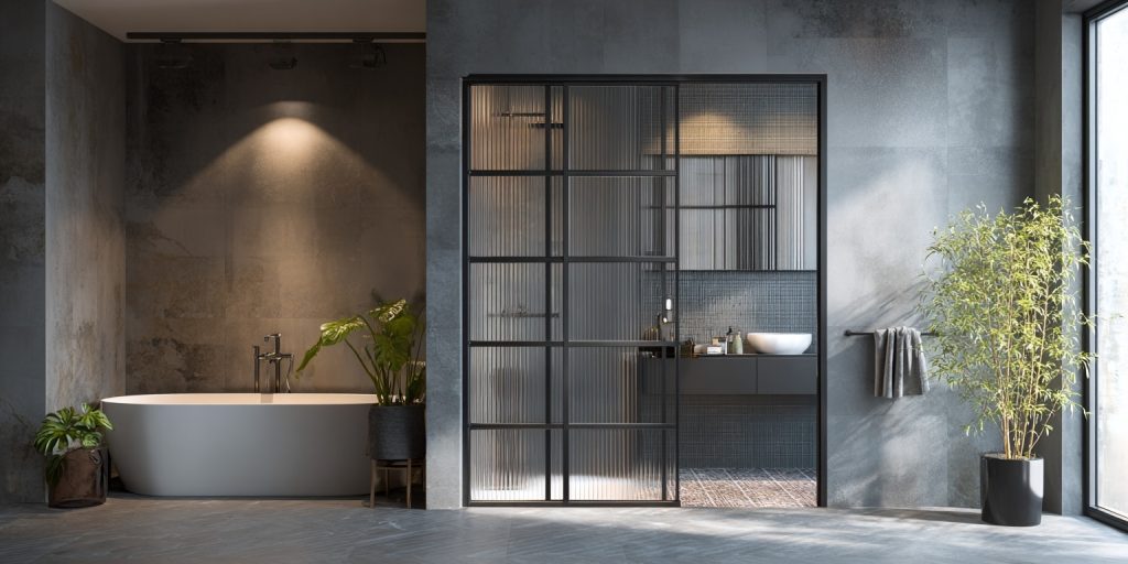 Top 10 Modern Bathroom Door Ideas for a Stylish and Functional Space 21 black framed bathroom glass door separating shower area in elegant industrial style interior