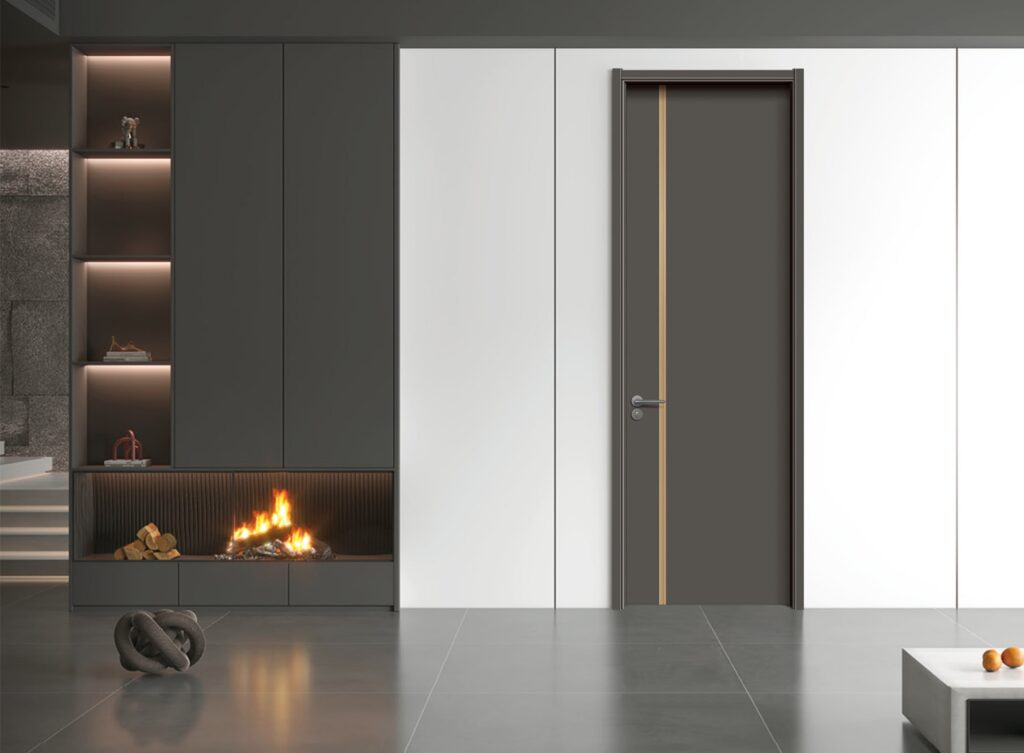 Top 10 Door Manufacturers in the UAE for Fire Rated and Custom Doors 13 A modern bedroom door with metal inlays, adding a luxurious touch to the minimalist design.