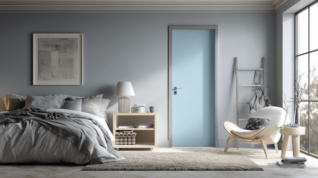 Discover the Latest Top 10 Modern Bedroom Door Design Ideas for 2026 1 A soft misty blue bedroom door with simple, contemporary design, framed by neutral walls.