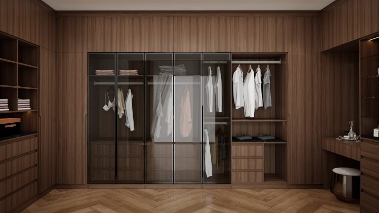 Glass Door Walnut Walk In Wardrobe with hanging rods drawers and open compartments for organized storage