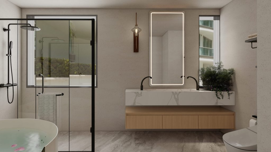 Compact Corner Bathroom Vanity with Wood Finish White Countertop 3 Minimalist bathroom vanity in wood laminate with white sink and rectangular mirror