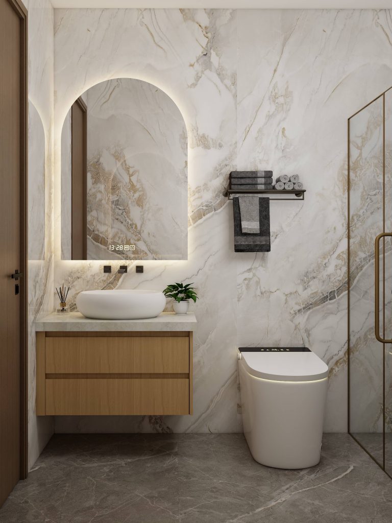 Compact Corner Bathroom Vanity with Wood Finish White Countertop 2 Modern bathroom vanity in wood finish with arched illuminated mirror and round sink