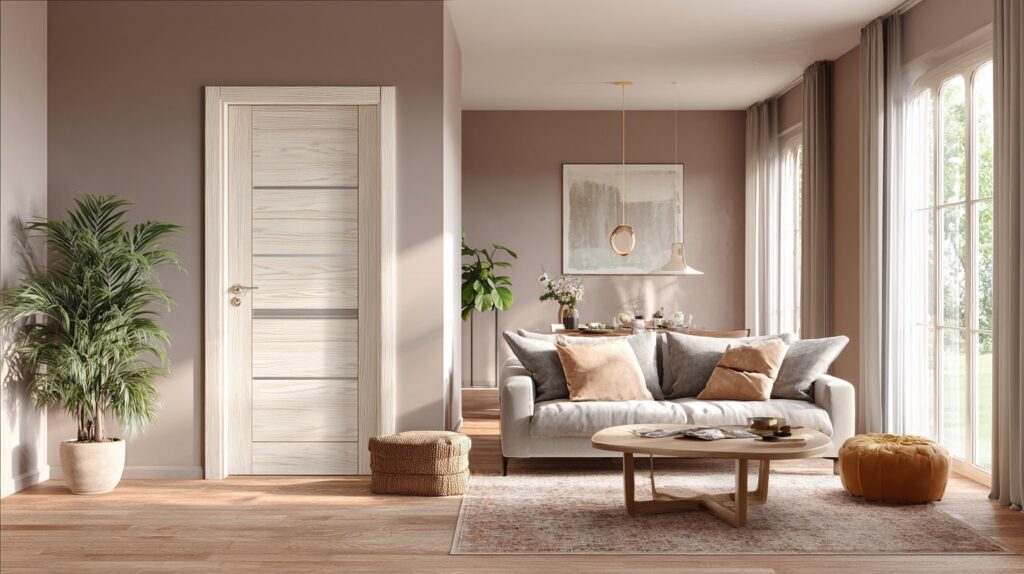Discover the Best 11 Modern Shaker Interior Doors Designs 58 Light wood Shaker door with sleek metal accents, offering a contemporary twist on a classic design, ideal for modern living spaces.