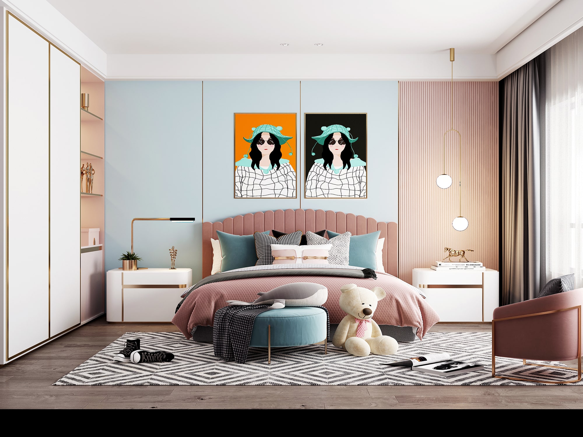 Wood wall paneling 5 Modern children's bedroom featuring light blue and pink wood wall panels, playful decor, and stylish furniture.