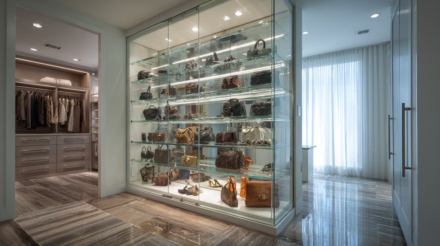 Walk-In Closet Design: How To Turn “Storage” Into A Daily Ritual ? 9 Glass-Front Accent Zone For Bags & Shoes