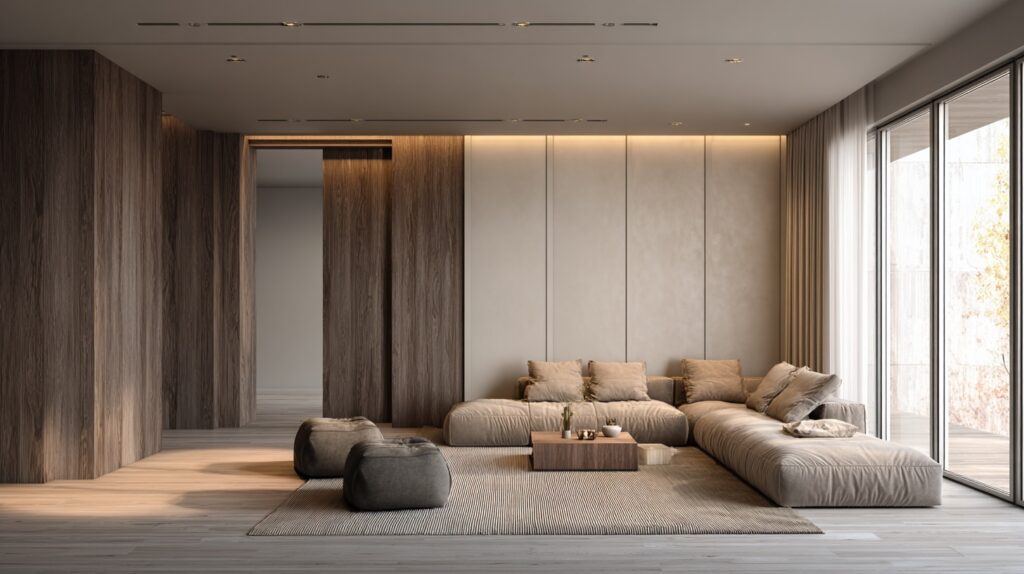 Top 10 Modern Flat Panel Door Ideas for a Sleek, Minimalist Look 23 Wood-textured flat panel pocket door slides into the wall to create a seamless open living space.
