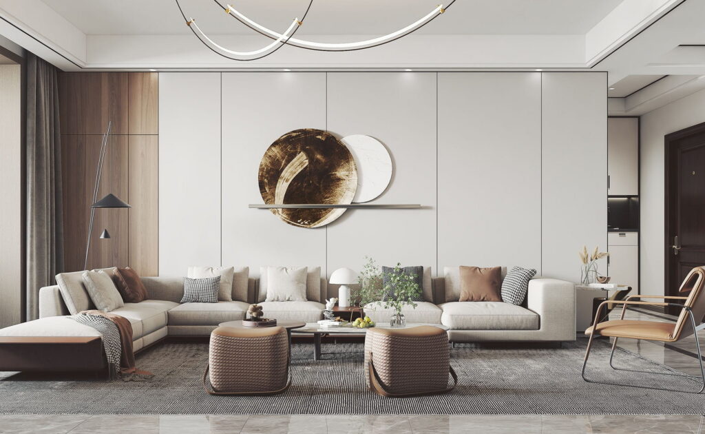 Wood Wall Paneling: Benefits, Design Ideas and Modern Interior Applications 99 Elegant modern living room with painted wall panel and decorative elements, illustrating sophisticated wood wall paneling and tv wall panel integration.