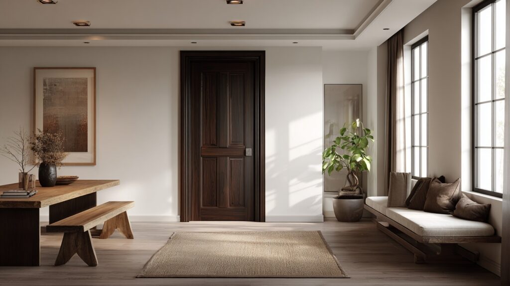 12 Contemporary Dark Interior Door Ideas to Enhance Your Home 124 A dark walnut interior door in a cozy room with modern decor and natural lighting.