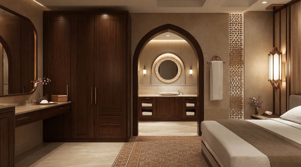 Top 10 Hotel Furniture Manufacturers in Iran 88 Iran hotel guest room interior with custom wardrobes, vanity cabinet, built-in storage, warm lighting, and luxury hotel furniture design