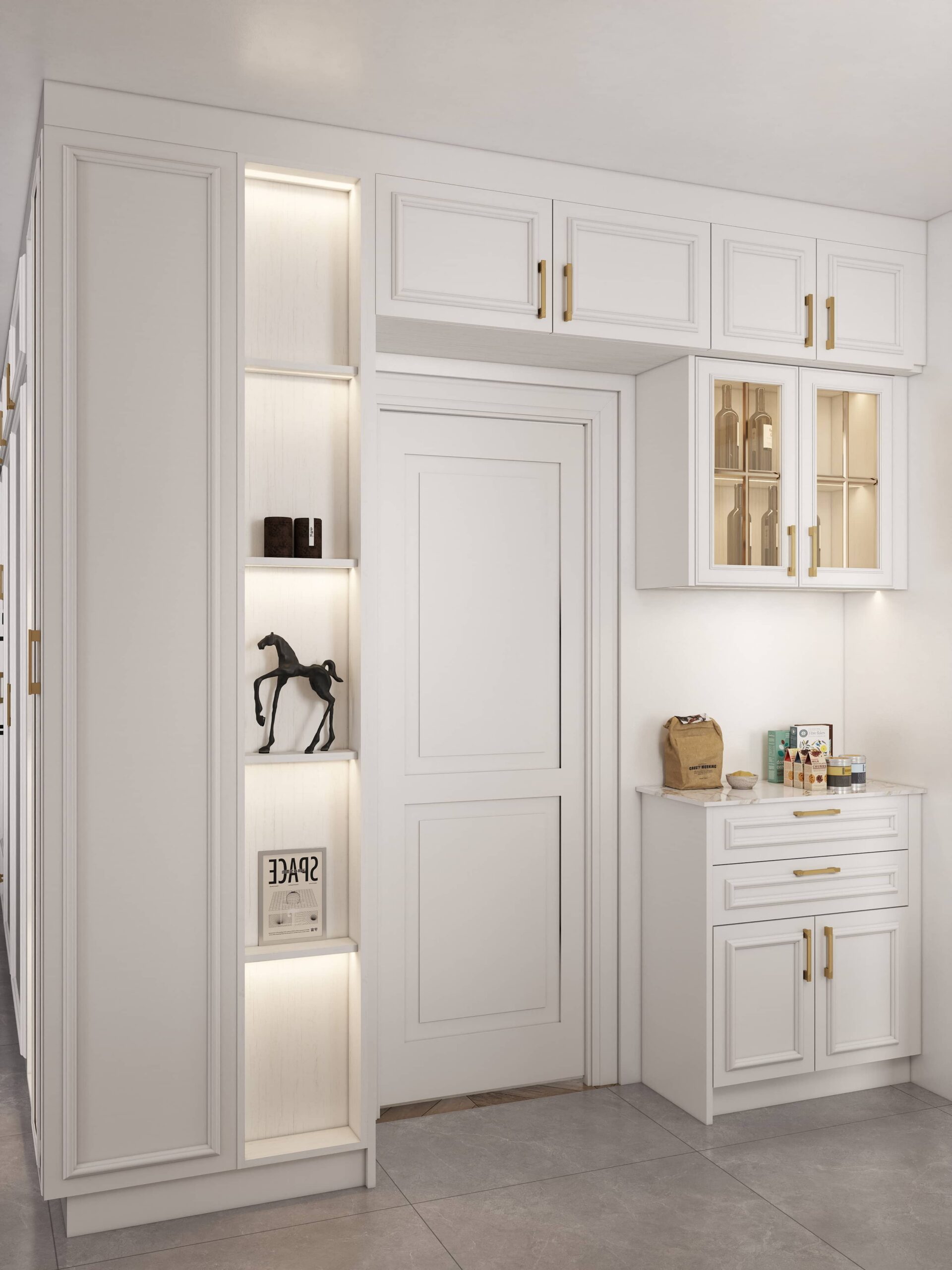 lacquer kitchen cabinet 10 Matte white lacquer kitchen cabinets with shaped door panels, gold handles, and illuminated shelves.