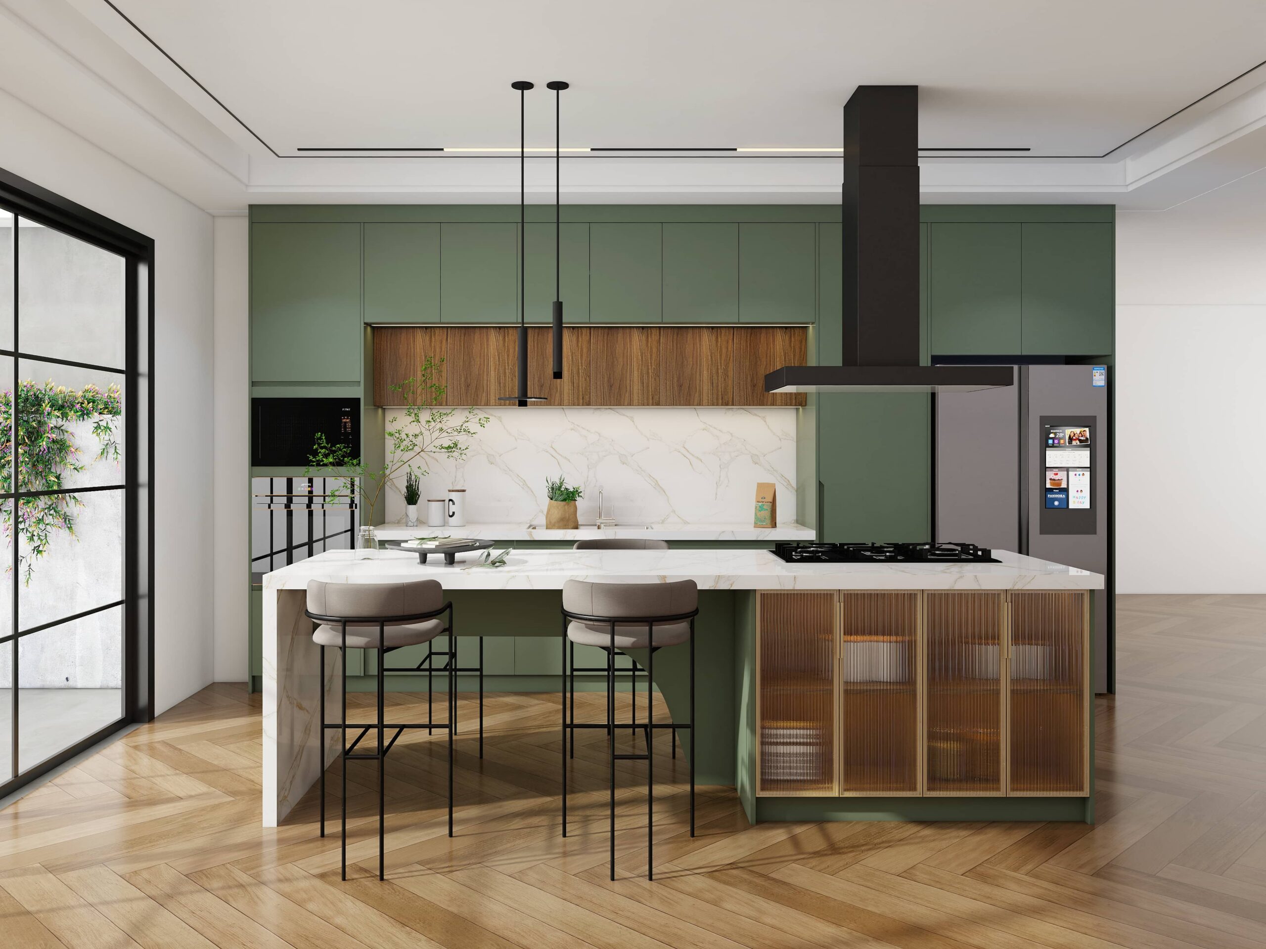 PVC Kitchen Cabinets 9 sage-green-pvc-kitchen-cabinet-white-marble-island-reeded-glass-body-cabinet-door