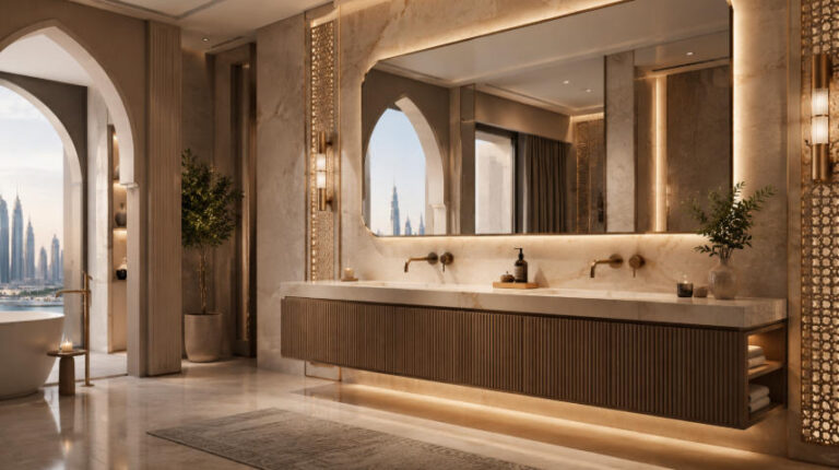 Luxury UAE-style bathroom scene with bathroom vanity