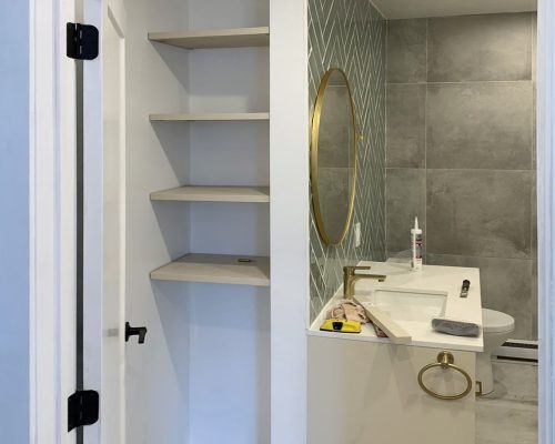 Canada Luxury Apartment Decoration 4 Built-in bathroom storage shelves next to vanity in Canada Luxury apartment decoration whole house custom design