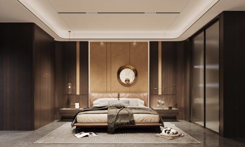wardrobes Manufacturer 4 Luxurious Italian bedroom with modern furniture, soft lighting, and elegant design elements in a showroom.