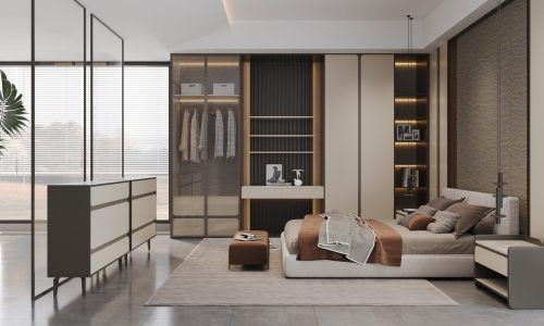 wardrobes Manufacturer 5 A modern bedroom featuring custom cabinets and integrated storage spaces.