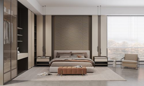 wardrobes Manufacturer 6 Bedroom featuring custom wardrobe and nightstand for storage and stylish décor, with beige and brown tones.