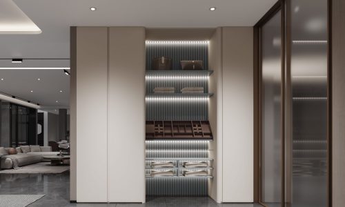 wardrobes Manufacturer 8 Front view of a spacious bedroom closet featuring custom shelving and modern design.