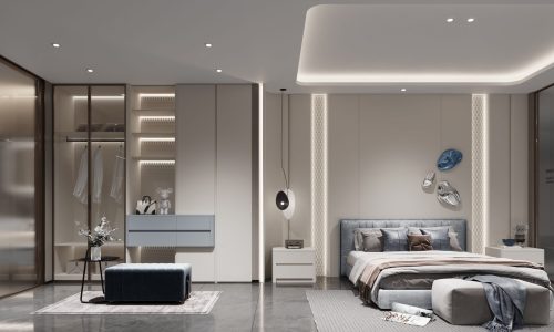 wardrobes Manufacturer 9 Custom nightstand and walk-in closet with organized shelving and modern design elements.