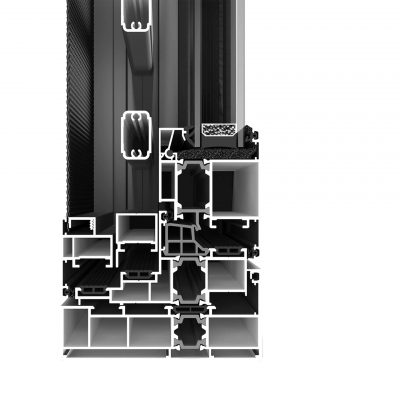 Thermal-Break-scaled-1.jpg Close-up view of an aluminum window and door thermal break profile, showcasing the detailed construction and materials used to enhance energy efficiency