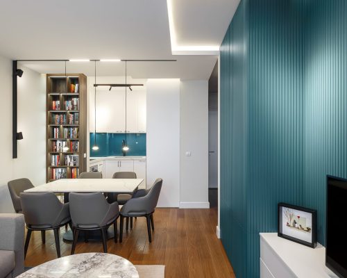 Zemun Stan Whole House custom in Serbia 2 Zemun stan apartment project living room and dining area with modern decor and wall panels.