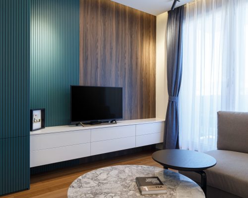 Zemun Stan Whole House custom in Serbia 1 Zemun stan apartment living room with TV area, custom storage, and modern furniture.