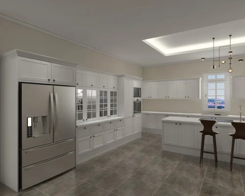 Farmhouse Style White Kitchen Cabinets with Quartz Countertop: A Timeless Kitchen Design 2 farmhouse-style-white-kitchen-cabinets-with-island-and-refrigerator