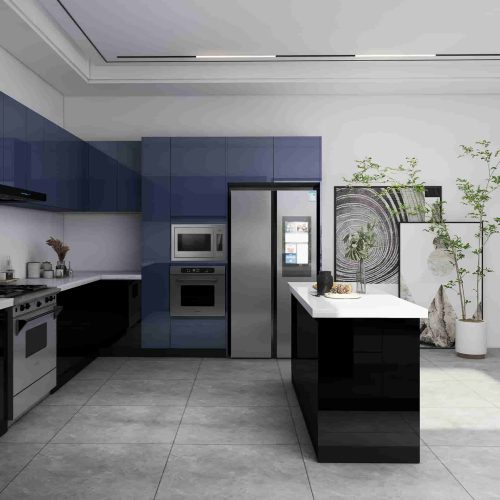 High Gloss Black and Navy Blue Kitchen Cabinets with Island 3 high-gloss-black-and-navy-blue-kitchen-cabinets-decorated-with-green-plan