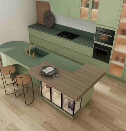 Modern Sage Green Kitchen Cabinets with Island and Striped Glass 2 sage-green-kitchen-cabinets-with-island-2