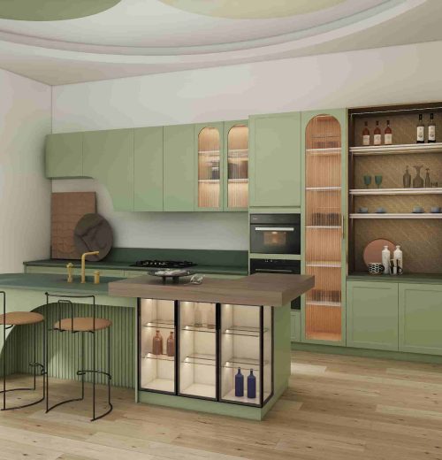 Modern Sage Green Kitchen Cabinets with Island and Striped Glass 3 sage-green-kitchen-cabinets-with-island-and-open-shelves