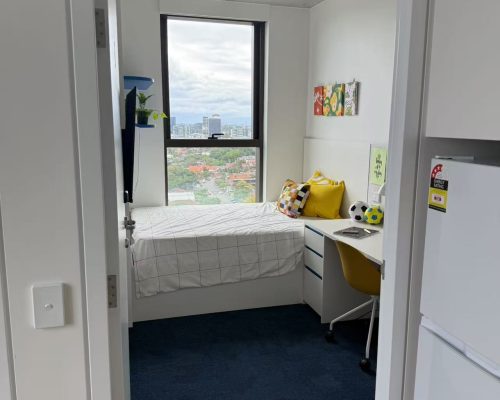308 Sets Sydney Student Apartment Whole House Custom 7 Student bedroom in Sydney with custom furniture and an awning window offering city views.