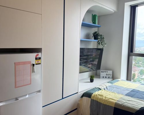 308 Sets Sydney Student Apartment Whole House Custom 3 Custom nightstand with a minimalist design in a student apartment in Sydney, featuring storage compartments.